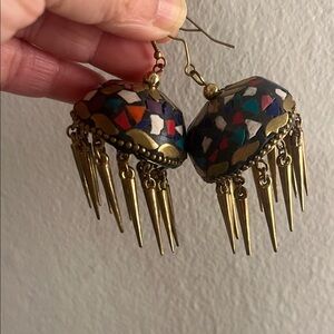 Handcrafted Multicolor Mosaic Dome Drop Earrings with Brass Spikes